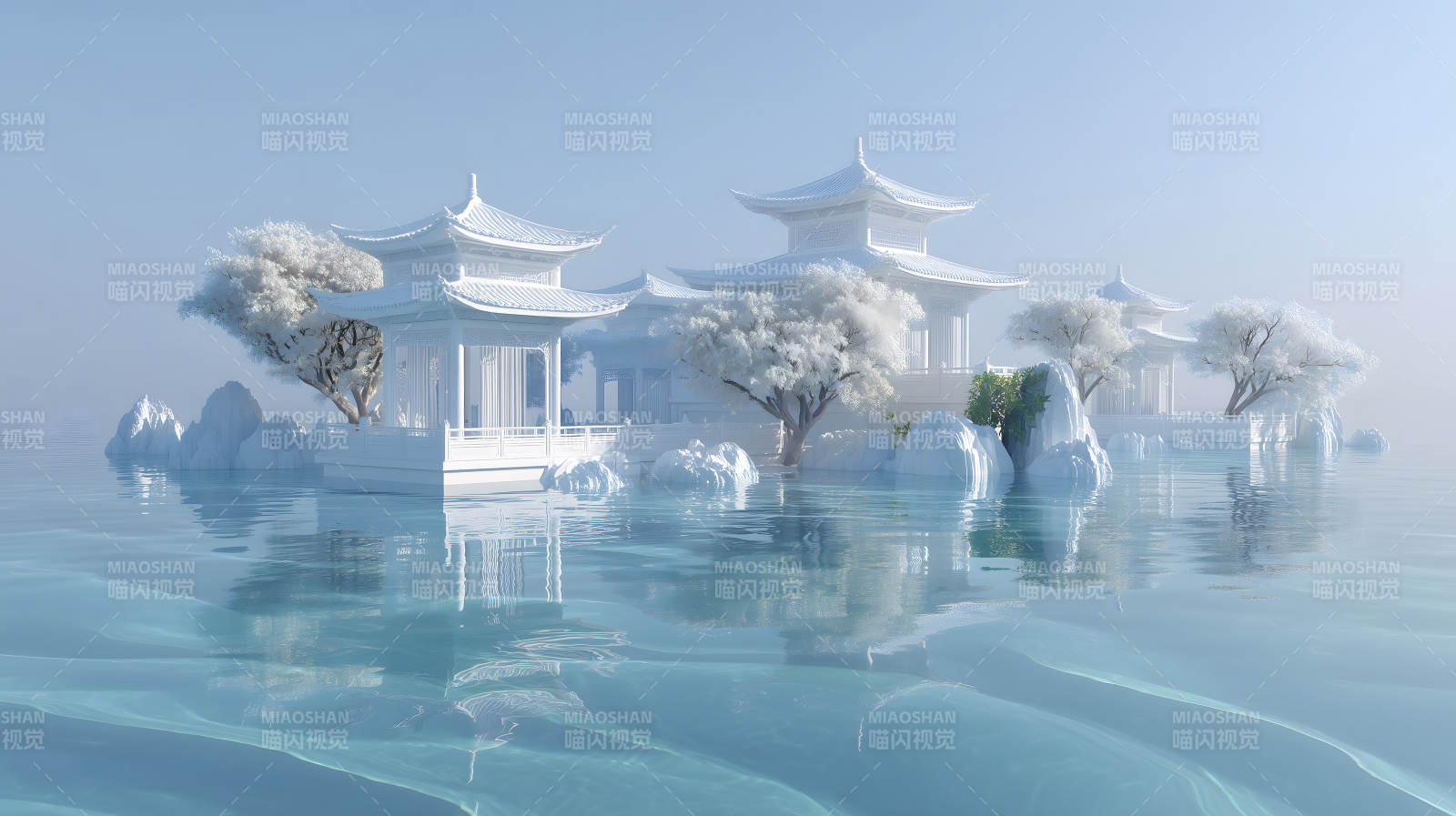 雪域仙境楼阁树木图片