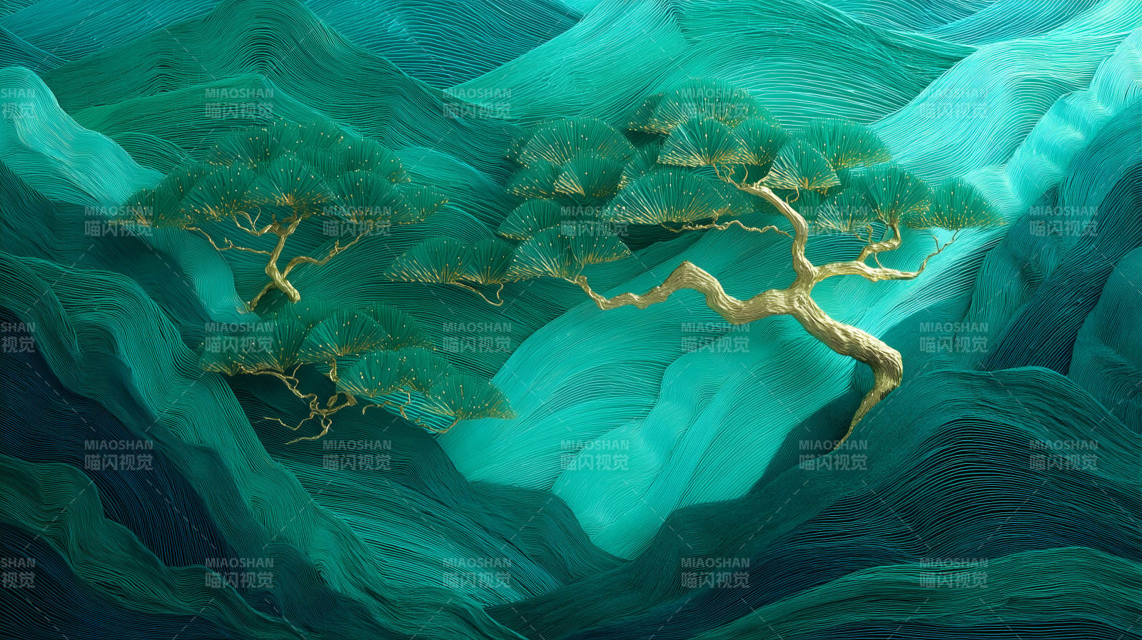 金色树木翡翠山水画图片