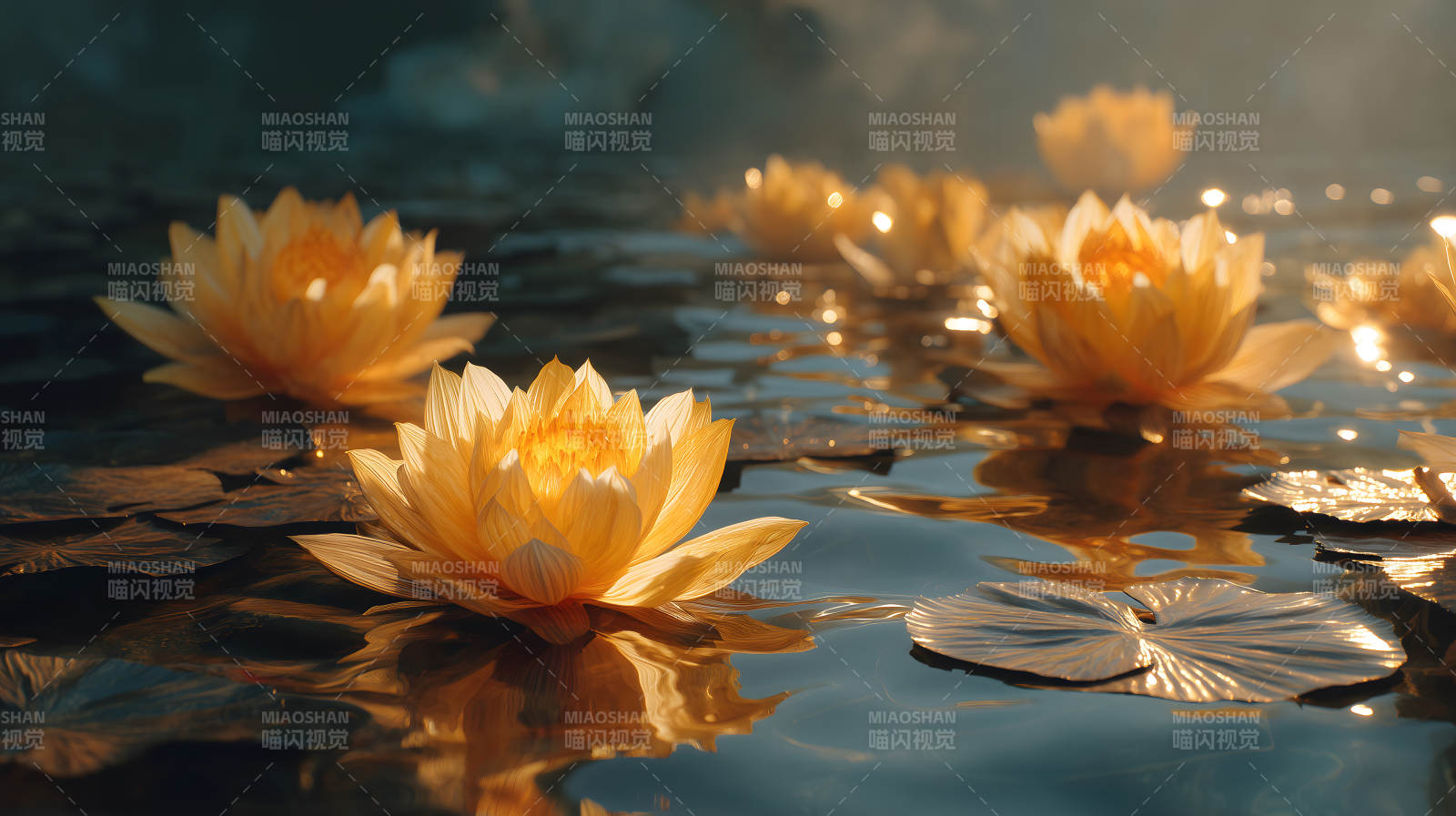 池塘莲花光影交错图片