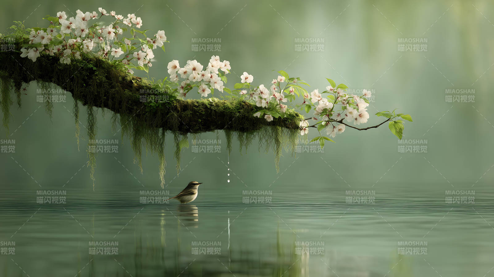 鸟鸣花枝水波涟漪图片