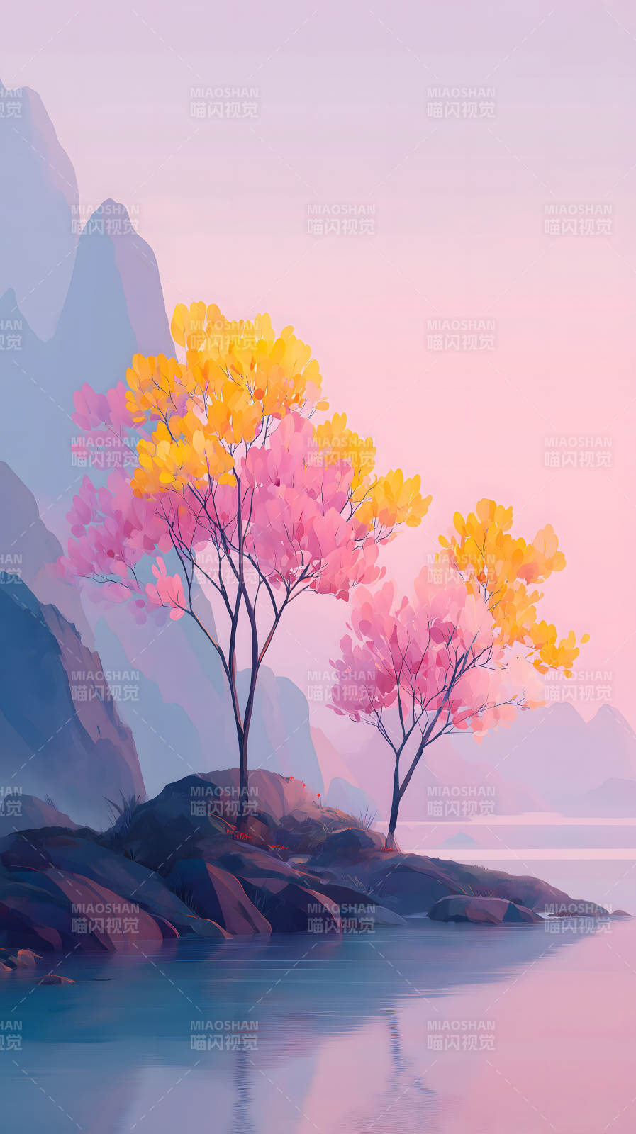 粉色黄花树与湖水图片