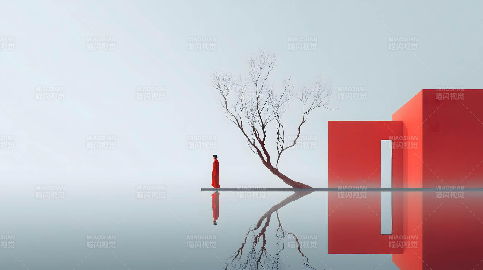 红衣独行水中倒影图片