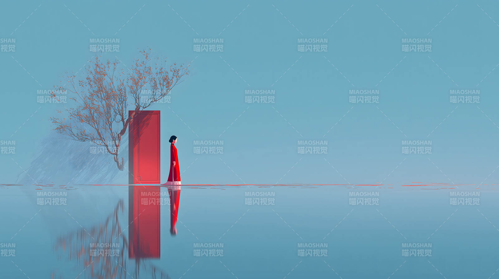 红衣女子伫立门前图片