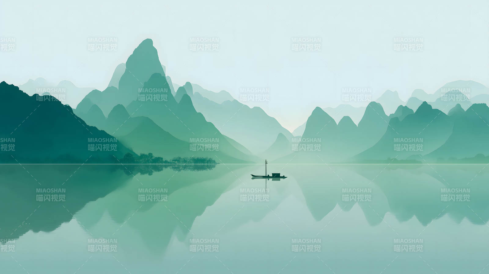 山水倒影小船图图片