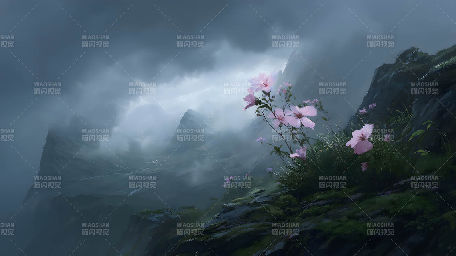 山间花开云雾缭绕图片