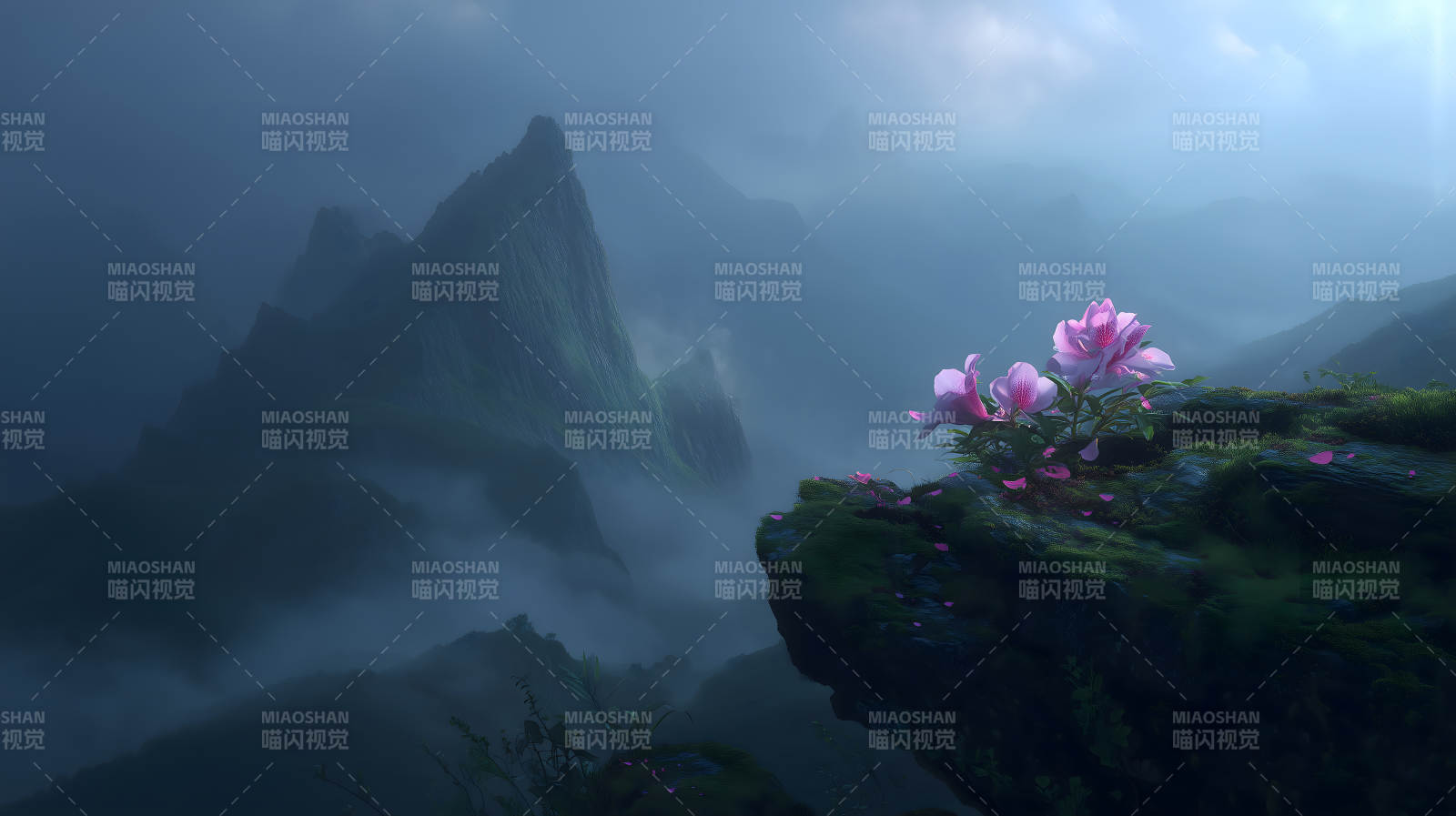 山间花开云雾缭绕图片