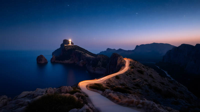 夜幕下灯塔与蜿蜒公路图片