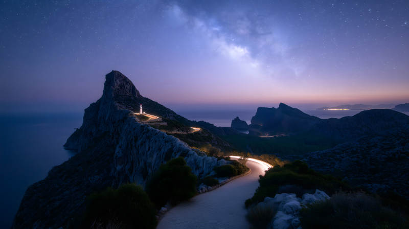 夜幕下的山路灯塔图片