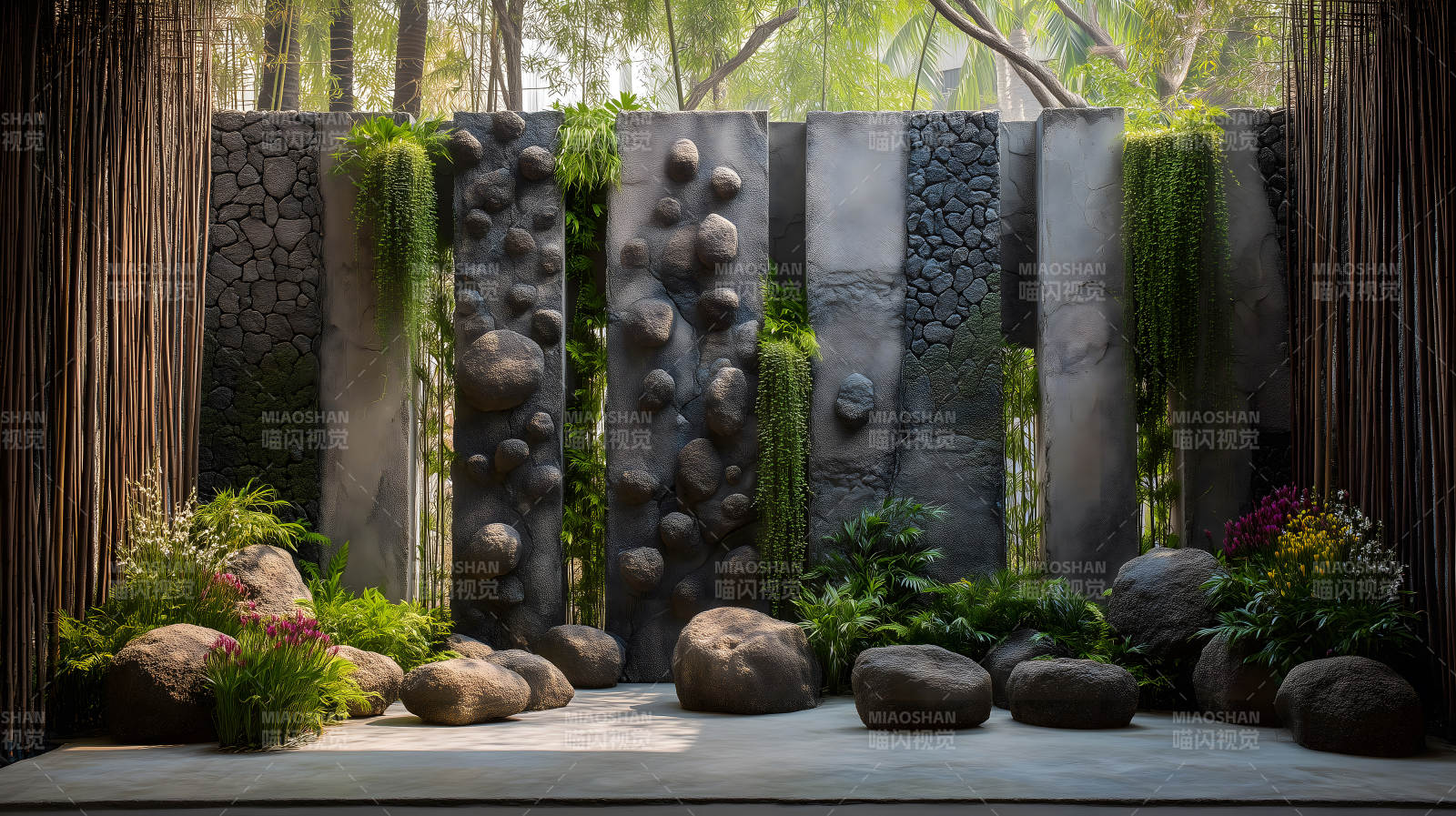 石头绿植墙壁装饰图片