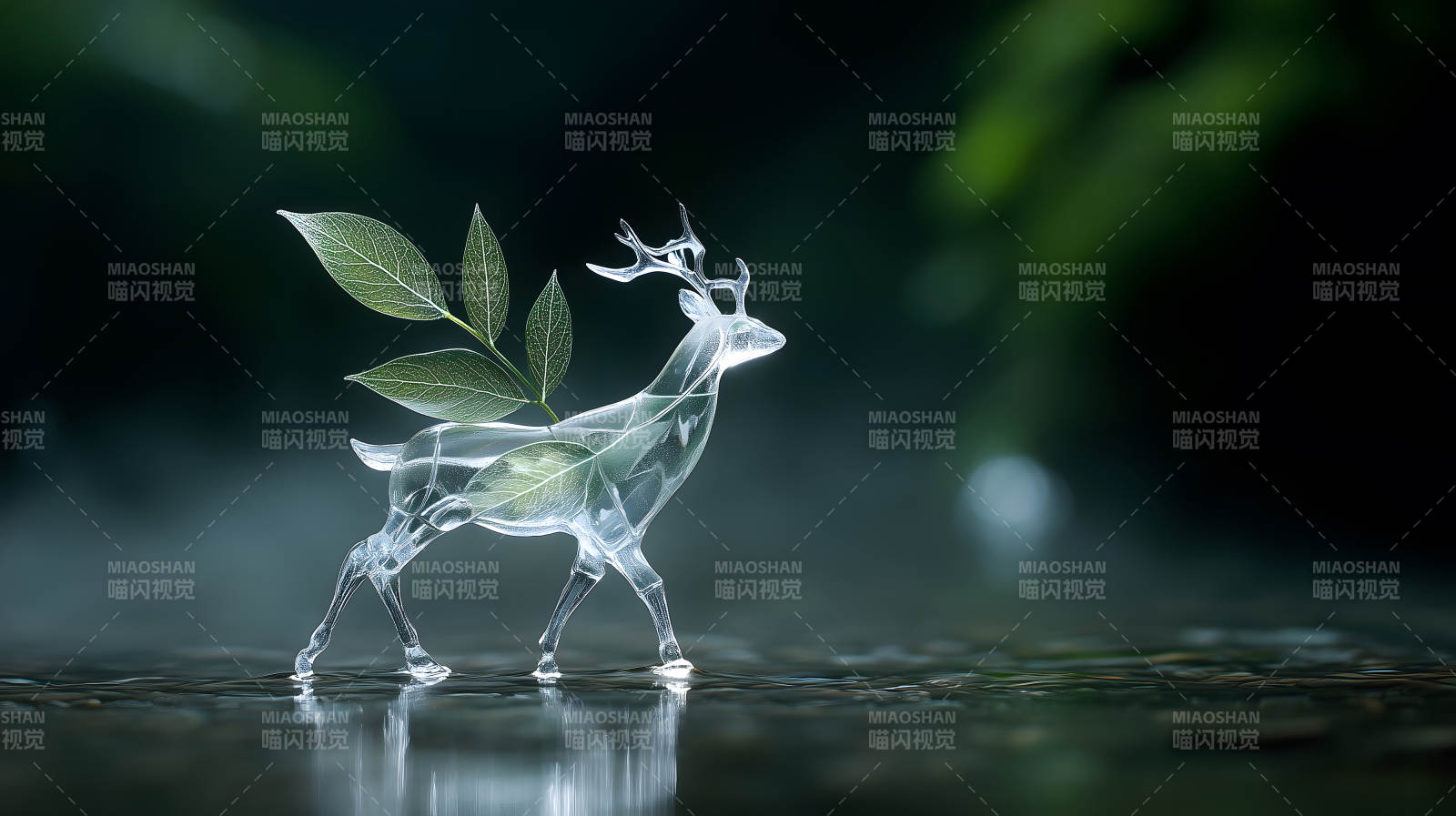 晶莹剔透的鹿与绿叶图片