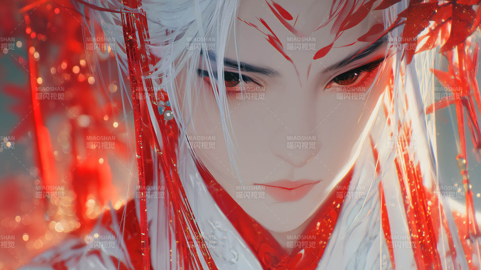 红衣白发古风人物图片