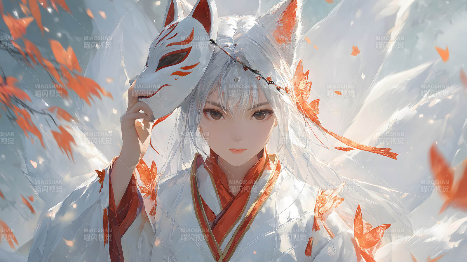 白发狐女持面具图片