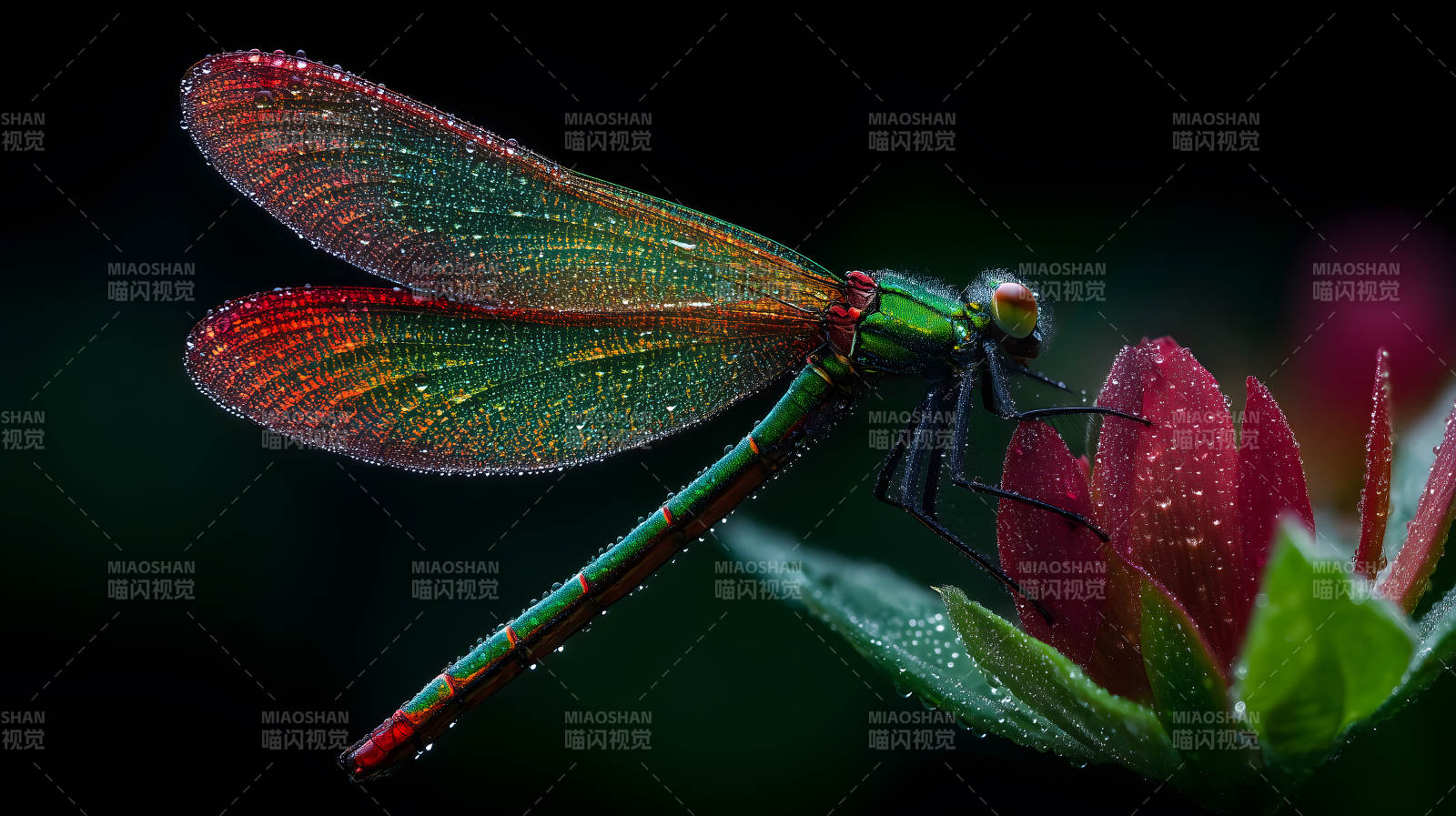 蜻蜓栖息花朵之上色彩绚丽图片