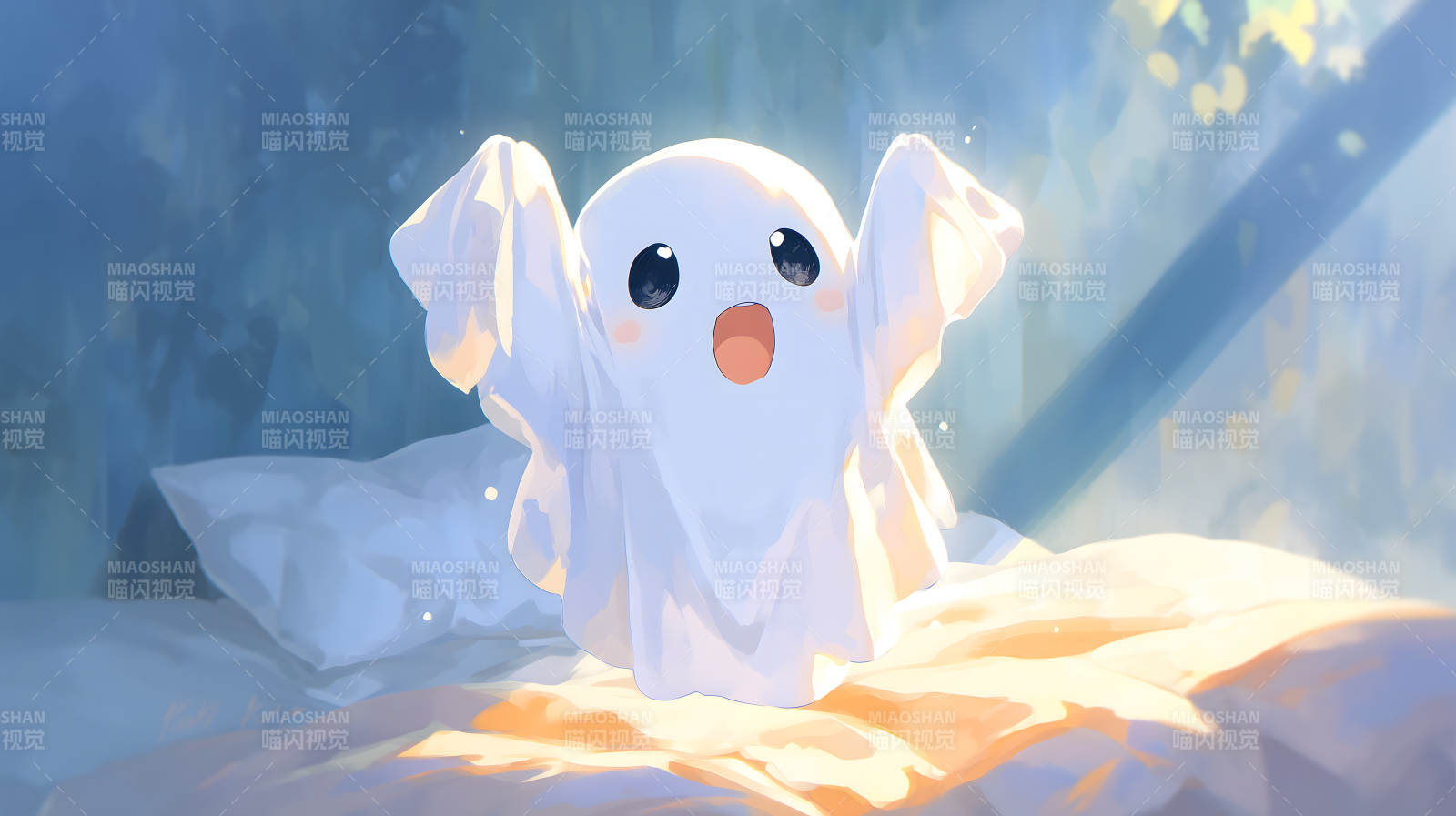 可爱小幽灵床铺玩耍图片