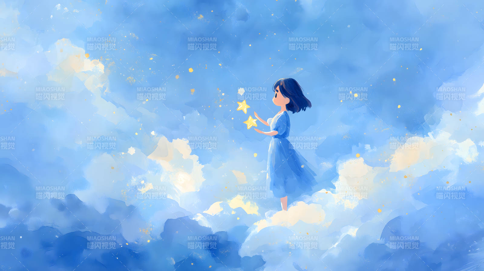 云端少女摘星图片