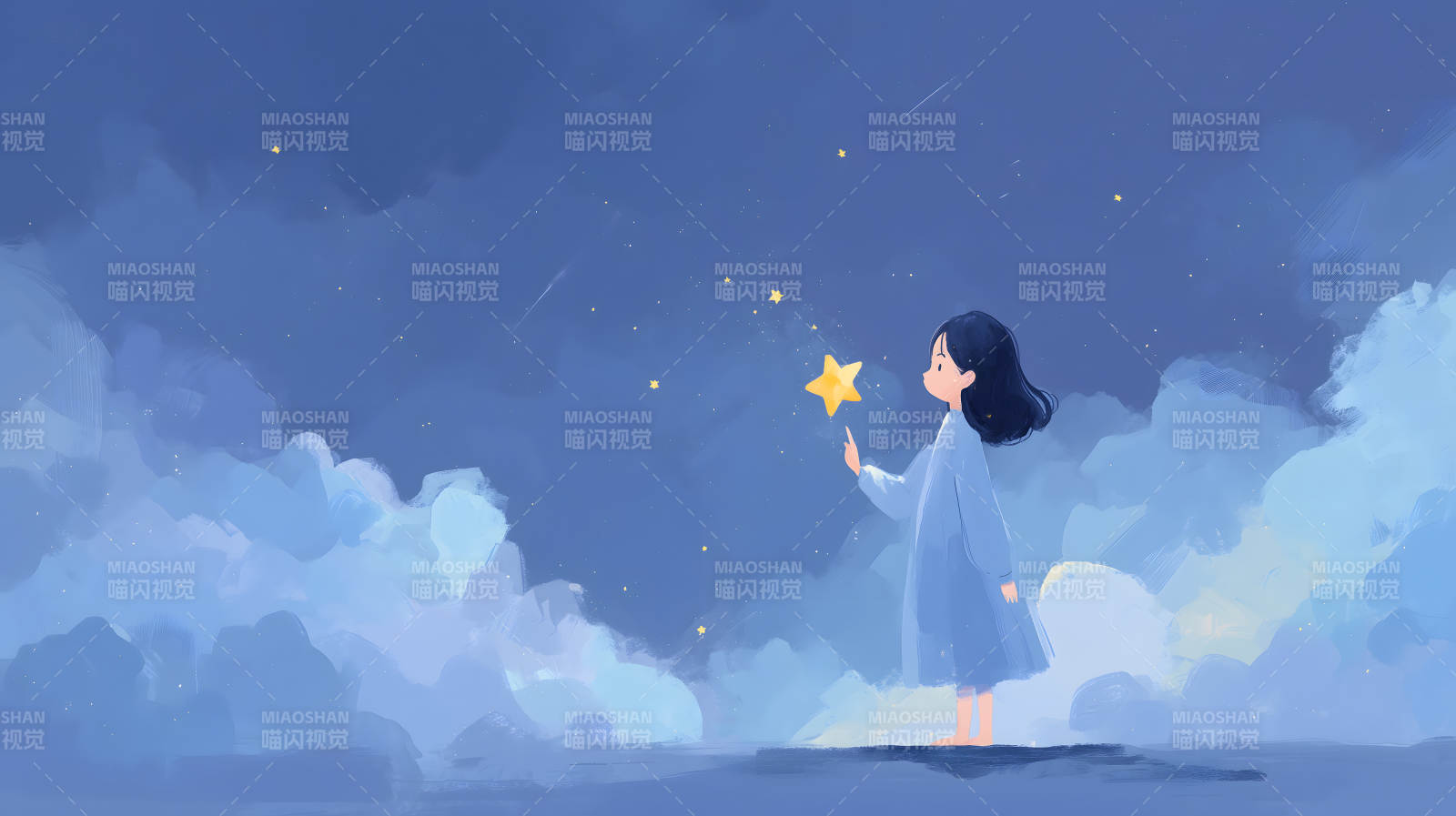 女孩摘星夜空童话图片