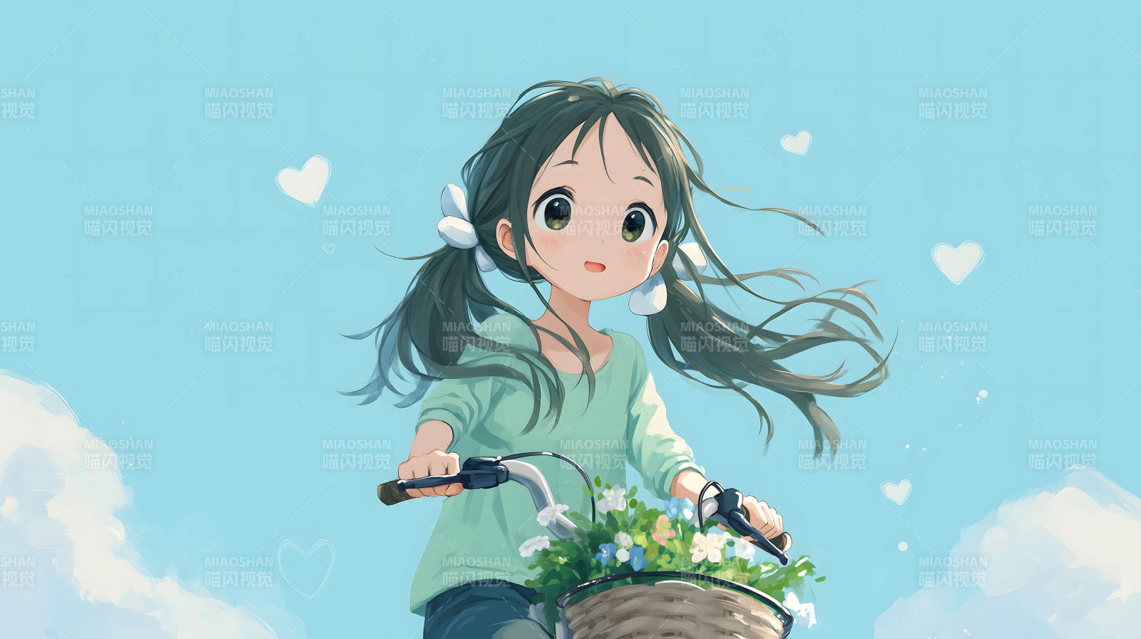 骑车女孩晴空万里图片