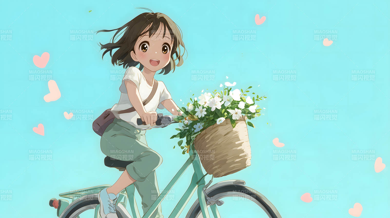 女孩骑车送花图片