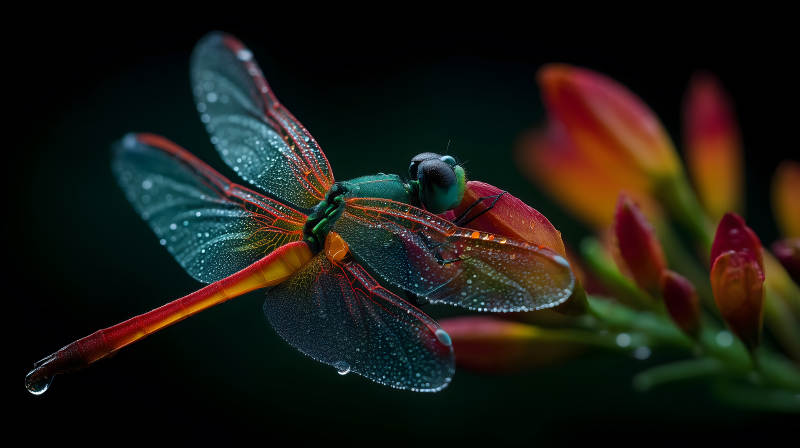 蜻蜓栖息花朵之上晶莹剔透图片