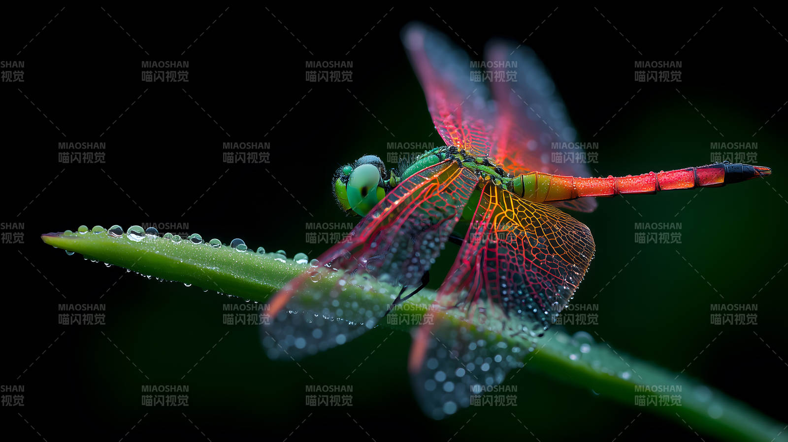 蜻蜓停在绿叶上图片