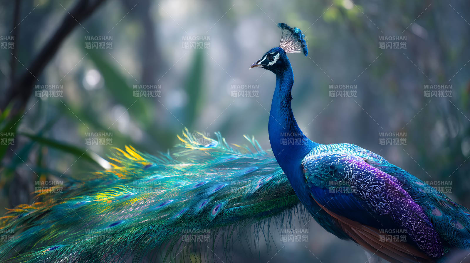 华丽孔雀伫立林中图片