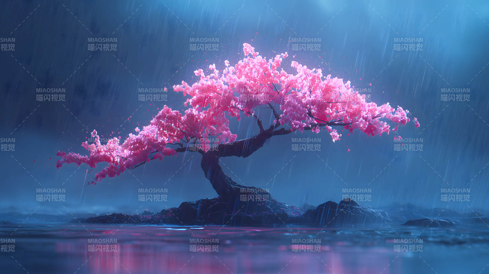 粉色樱花树下雨天图片