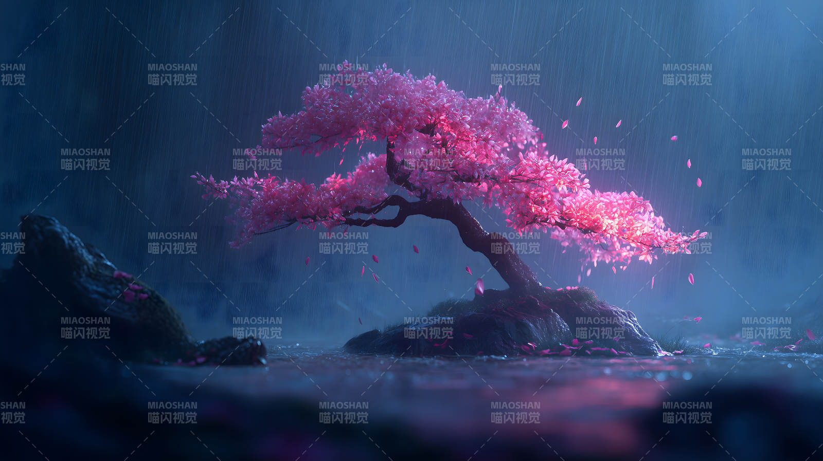 粉色樱花树雨中盛开图片