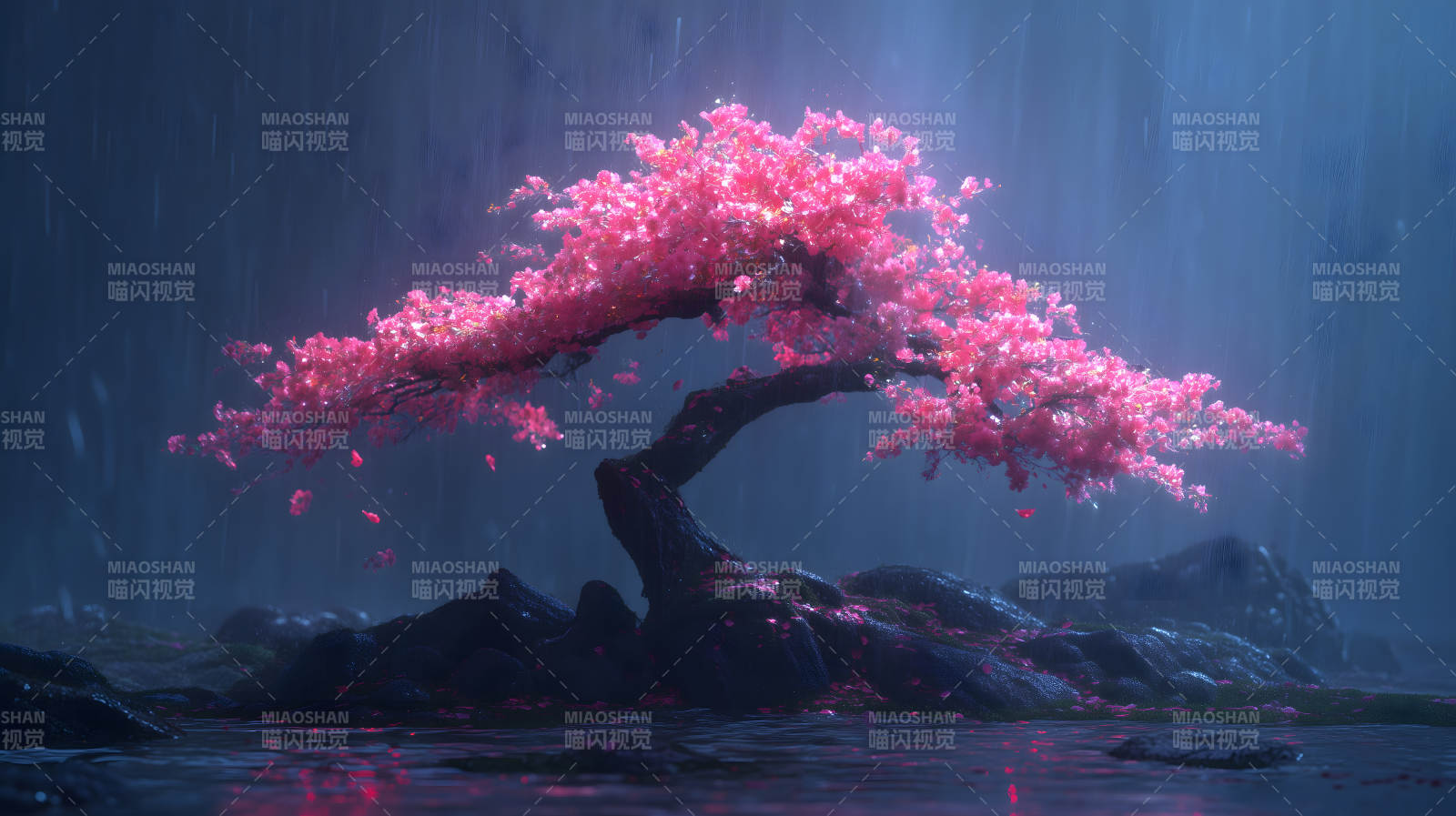 粉色樱花树雨景图片