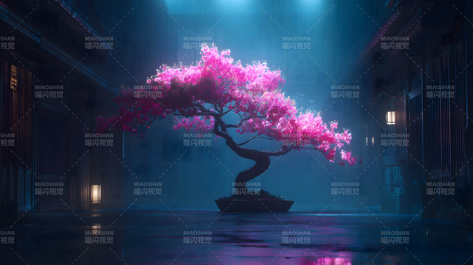 夜雨樱花盆栽美景图片