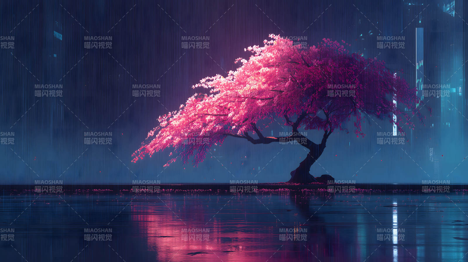 粉色樱花树下的雨景图片