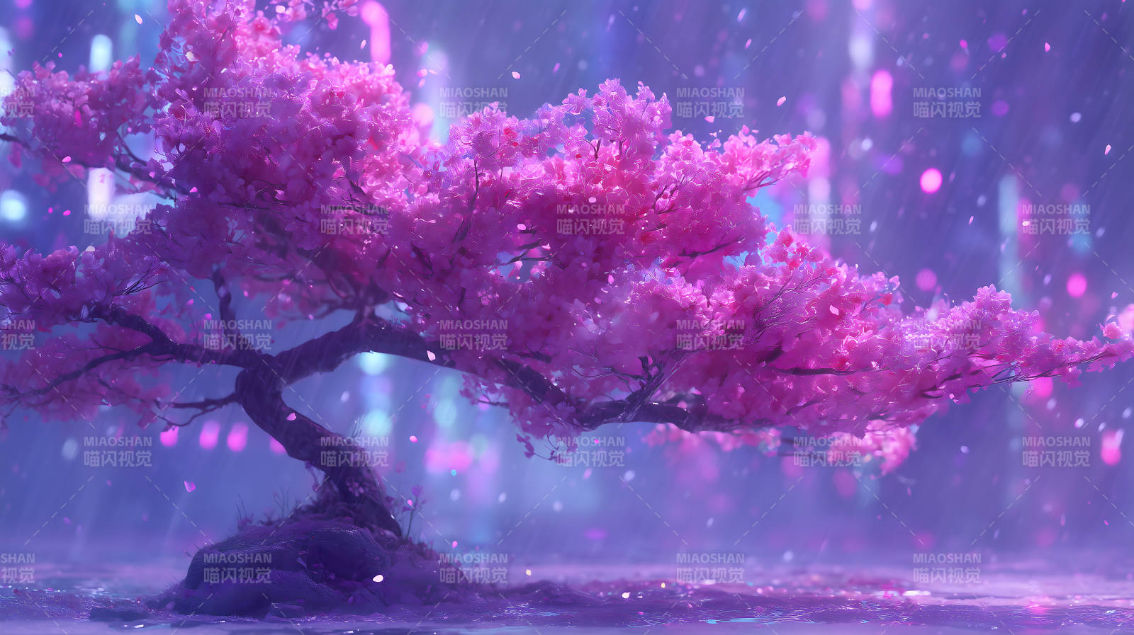 粉色樱花树在雨中图片