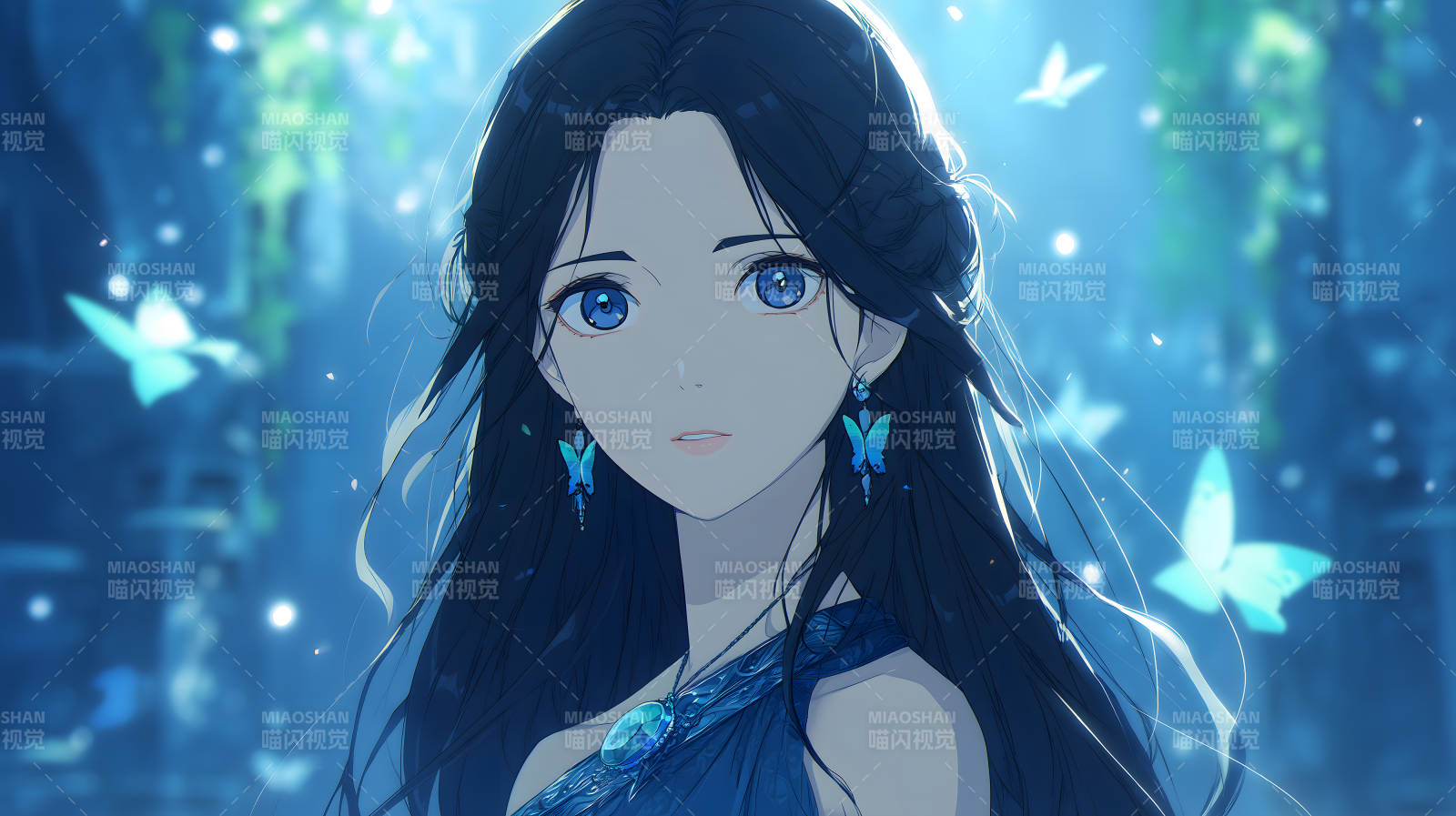 蓝发少女蝴蝶饰品图片