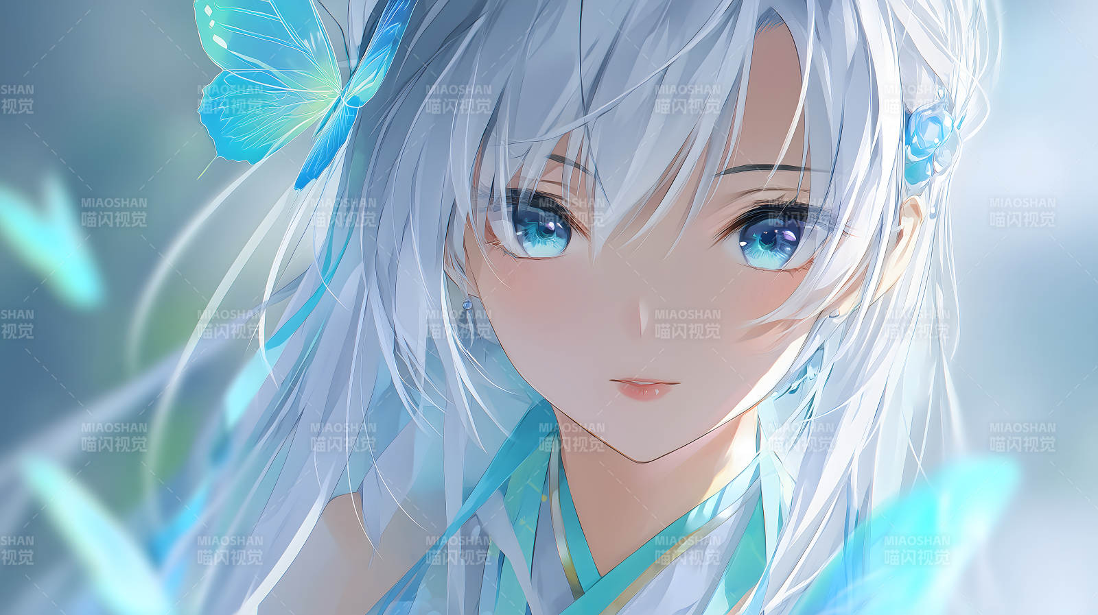 冰蓝少女蝴蝶萦绕图片