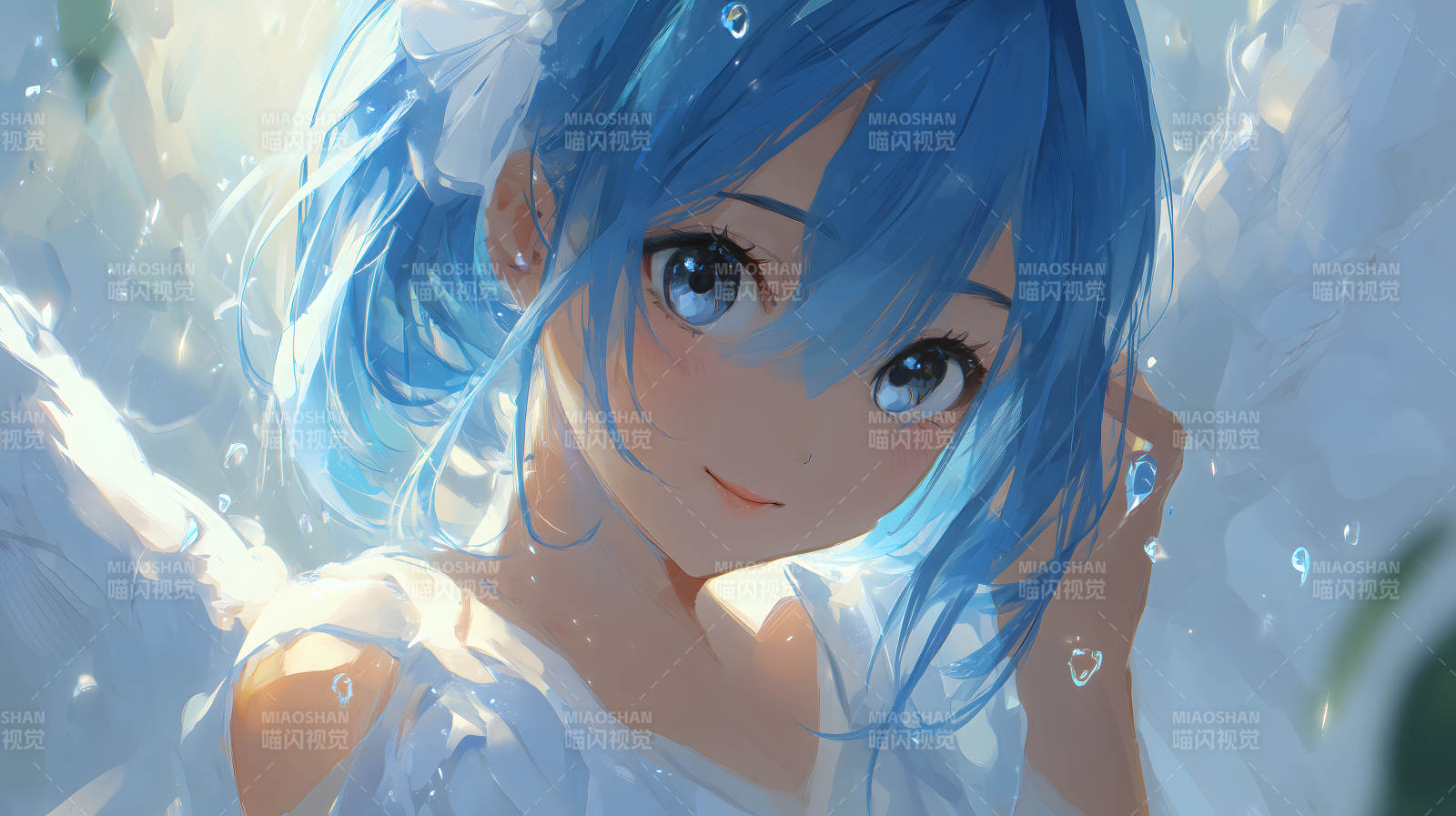 蓝发少女凝视镜头图片