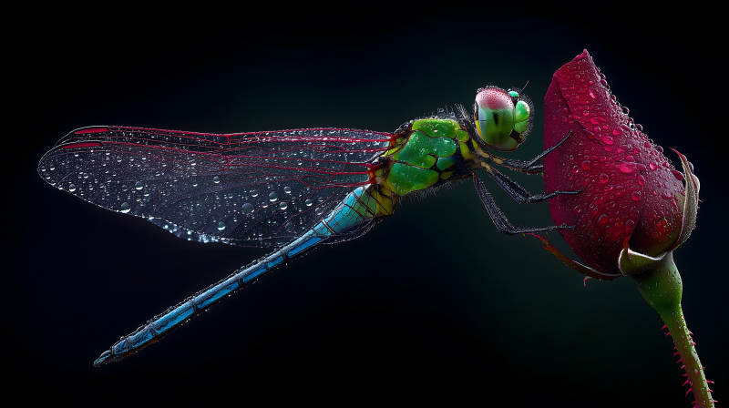 蜻蜓依偎玫瑰花朵图片