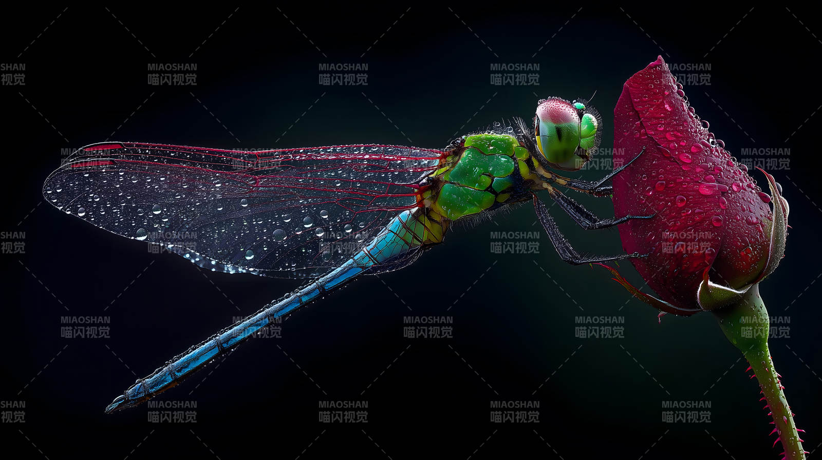 蜻蜓依偎玫瑰花朵图片