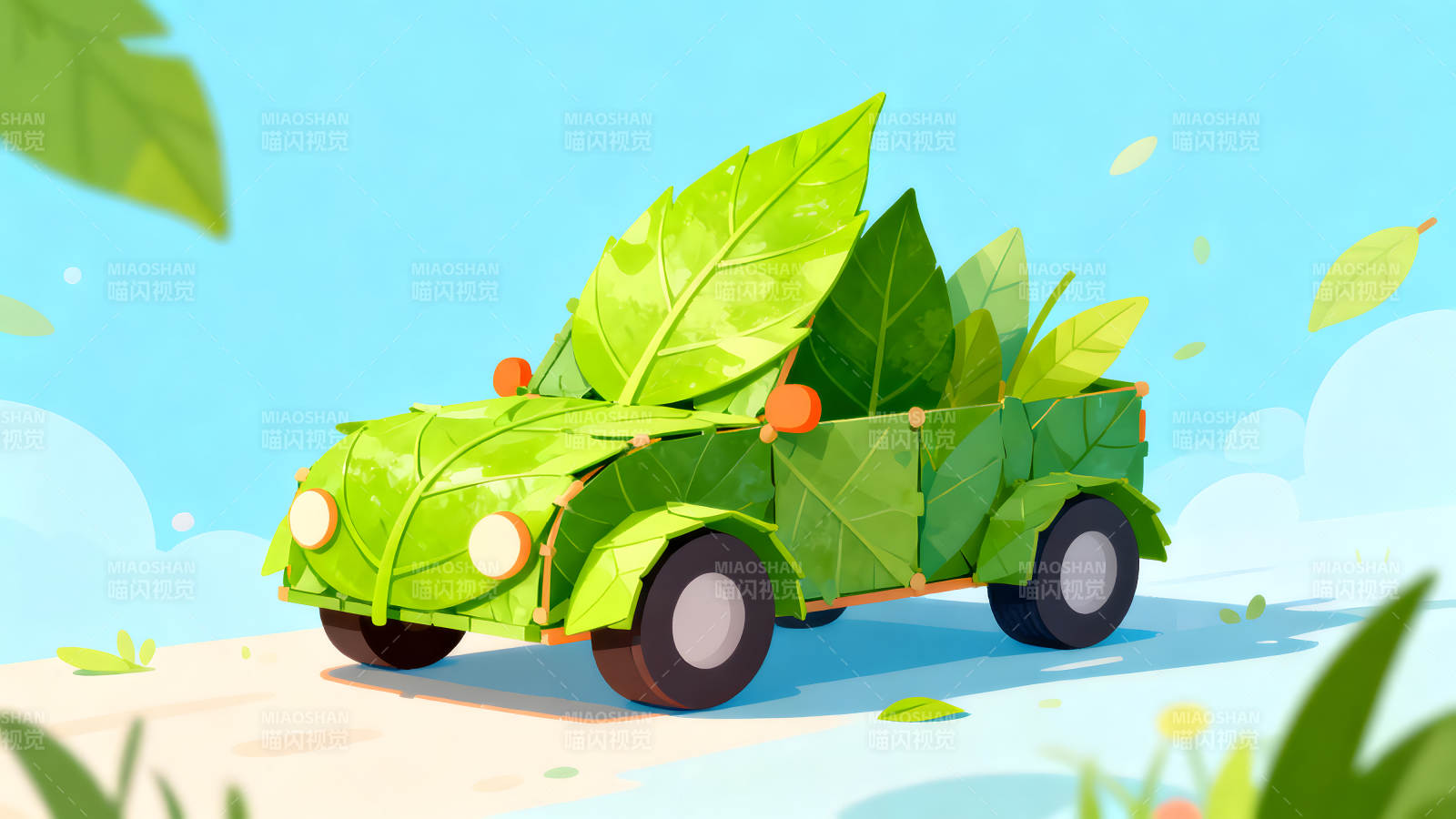 环保叶子车在路上行驶图片