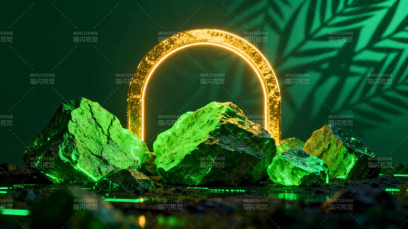 发光石头与金色拱门构成的艺术场景图片