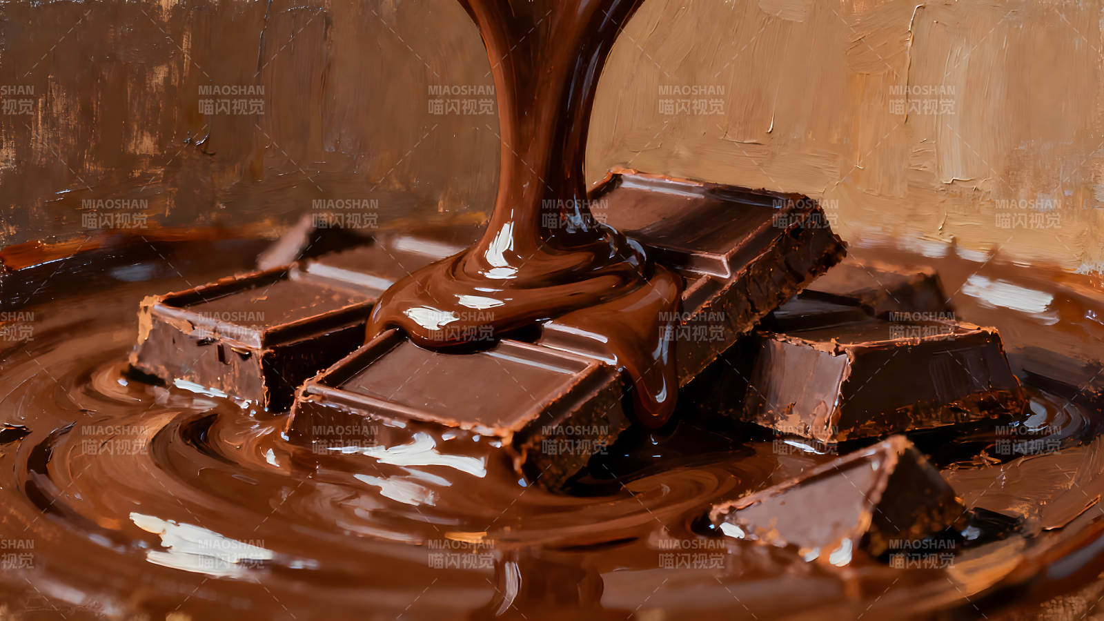 巧克力倾泻在巧克力块上诱人画面图片
