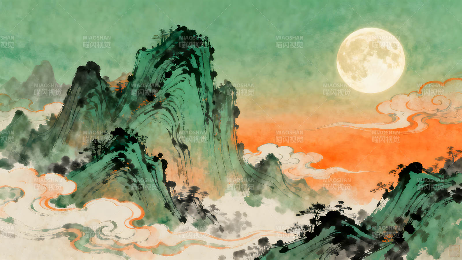 山水画映月光云雾缭绕景色优美图片