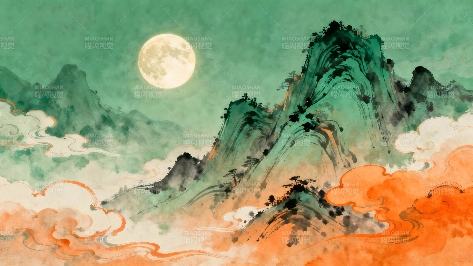 中国风水墨山水画月夜图片