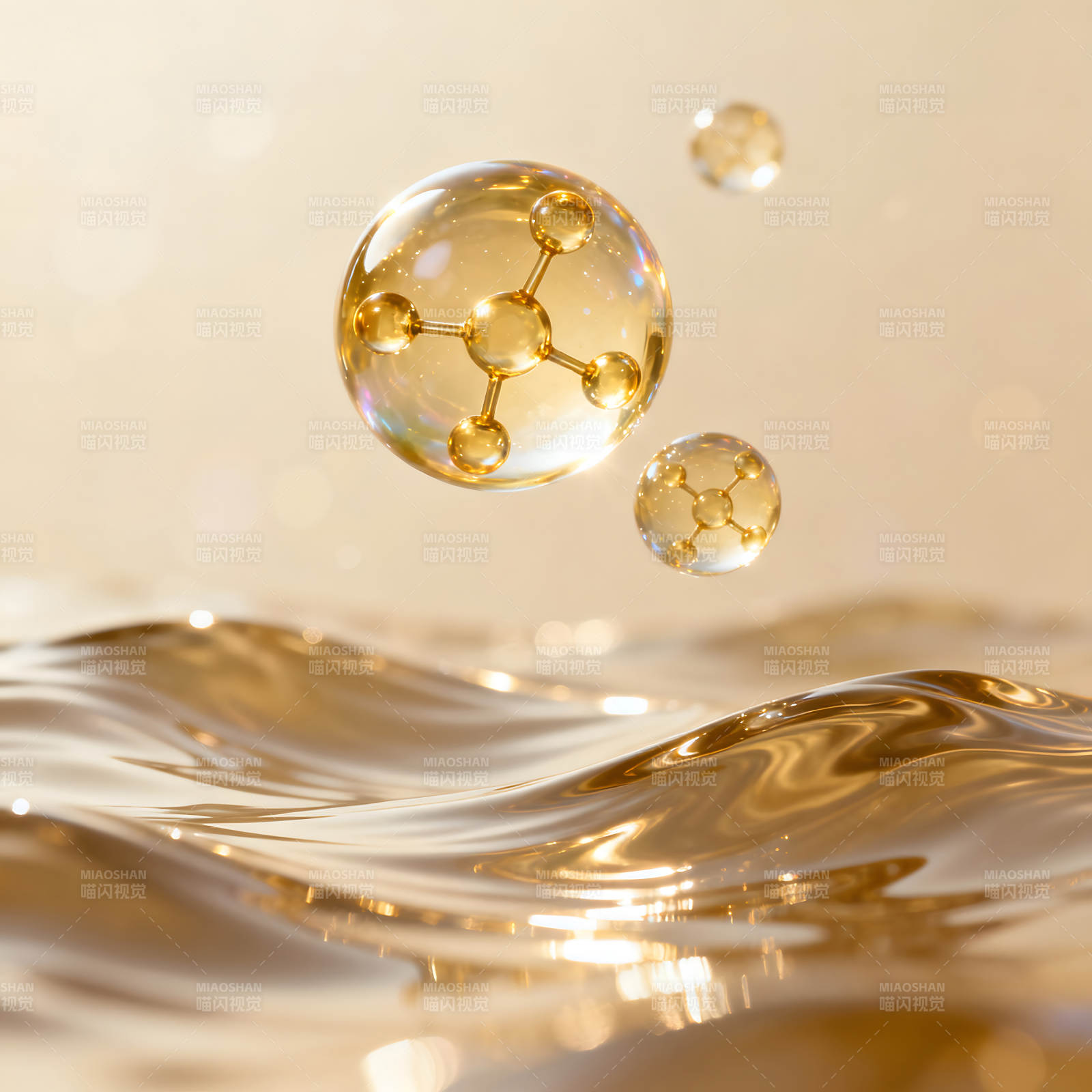 分子与水面金色液体漂浮特写图片