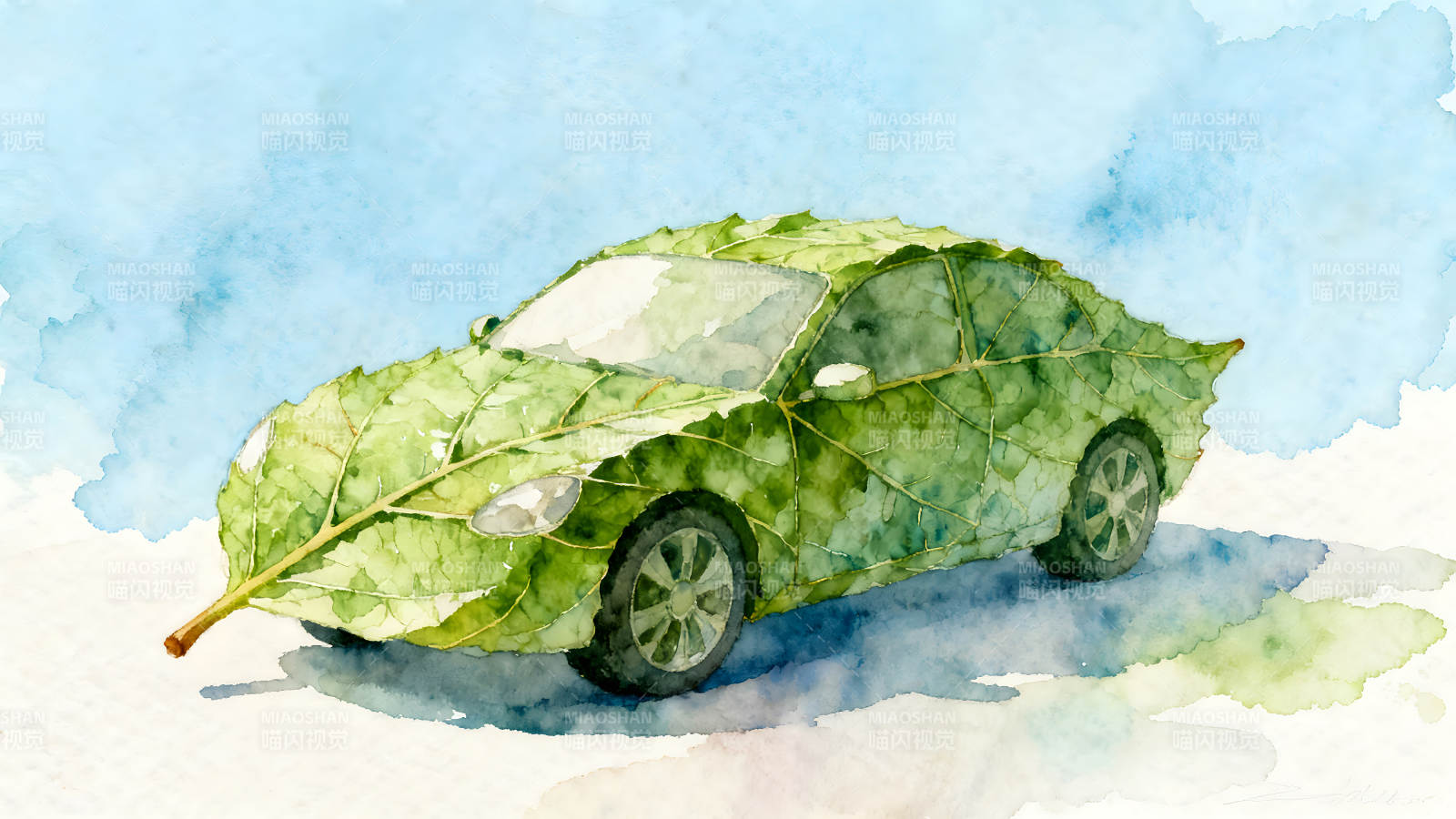 绿叶汽车在蓝色背景下图片