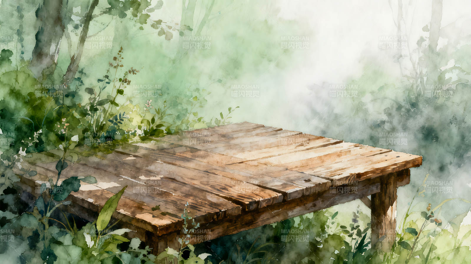 木桌置于绿植之中水彩画风格图片