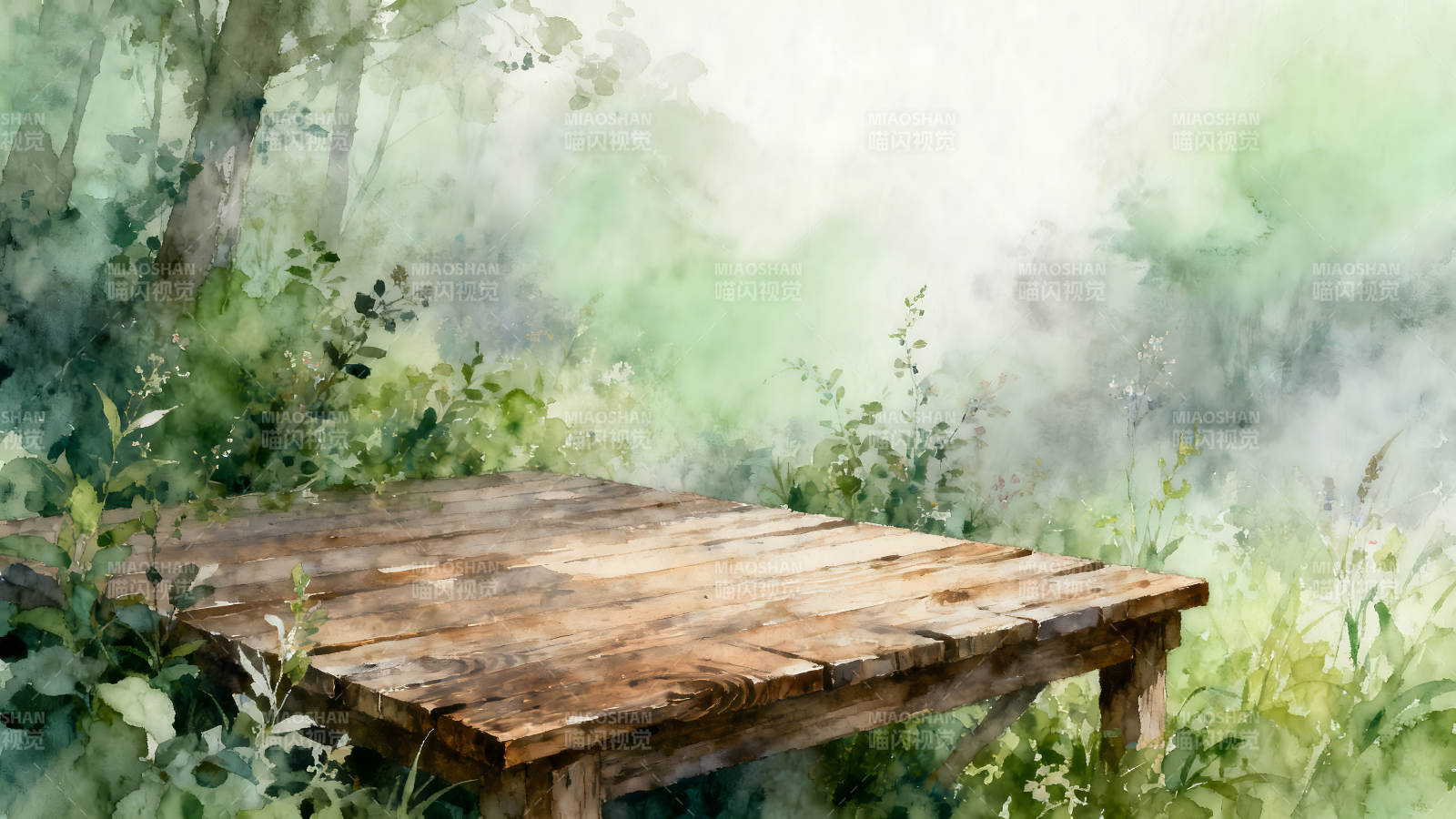 水彩画森林中的木桌图片