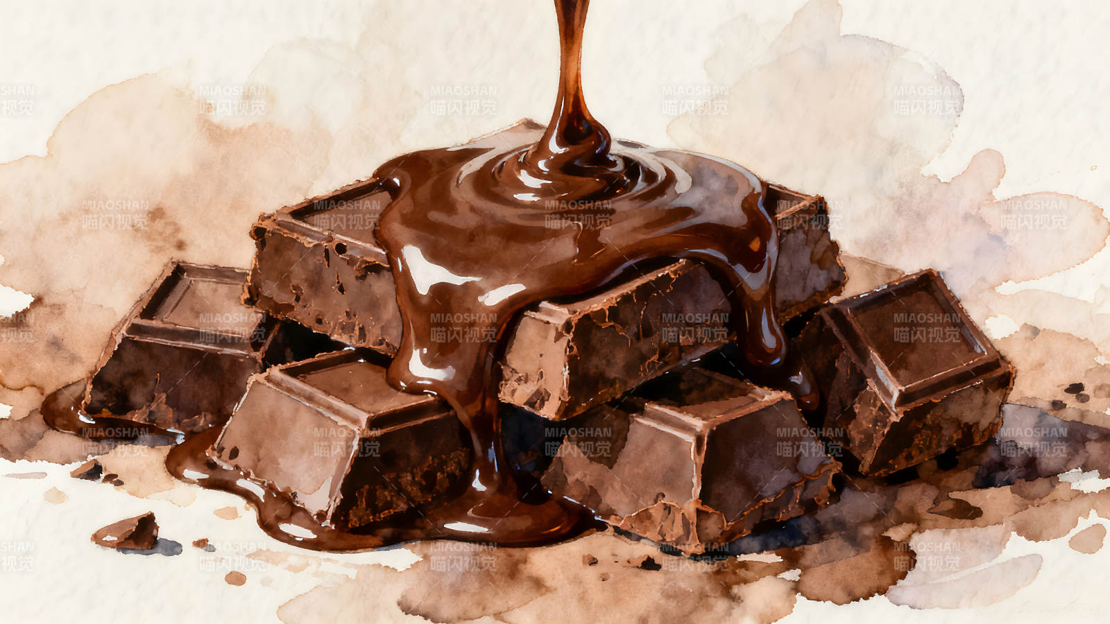 巧克力块淋上融化的巧克力酱图片