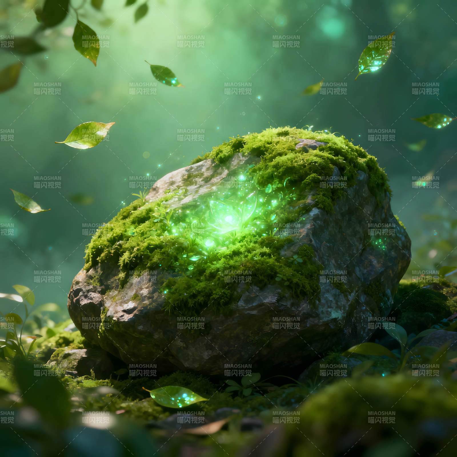发光的石头和森林中的叶子图片