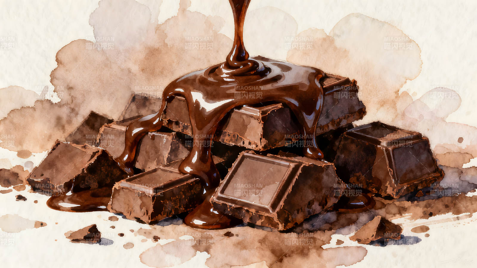 巧克力块上淋着巧克力酱图片