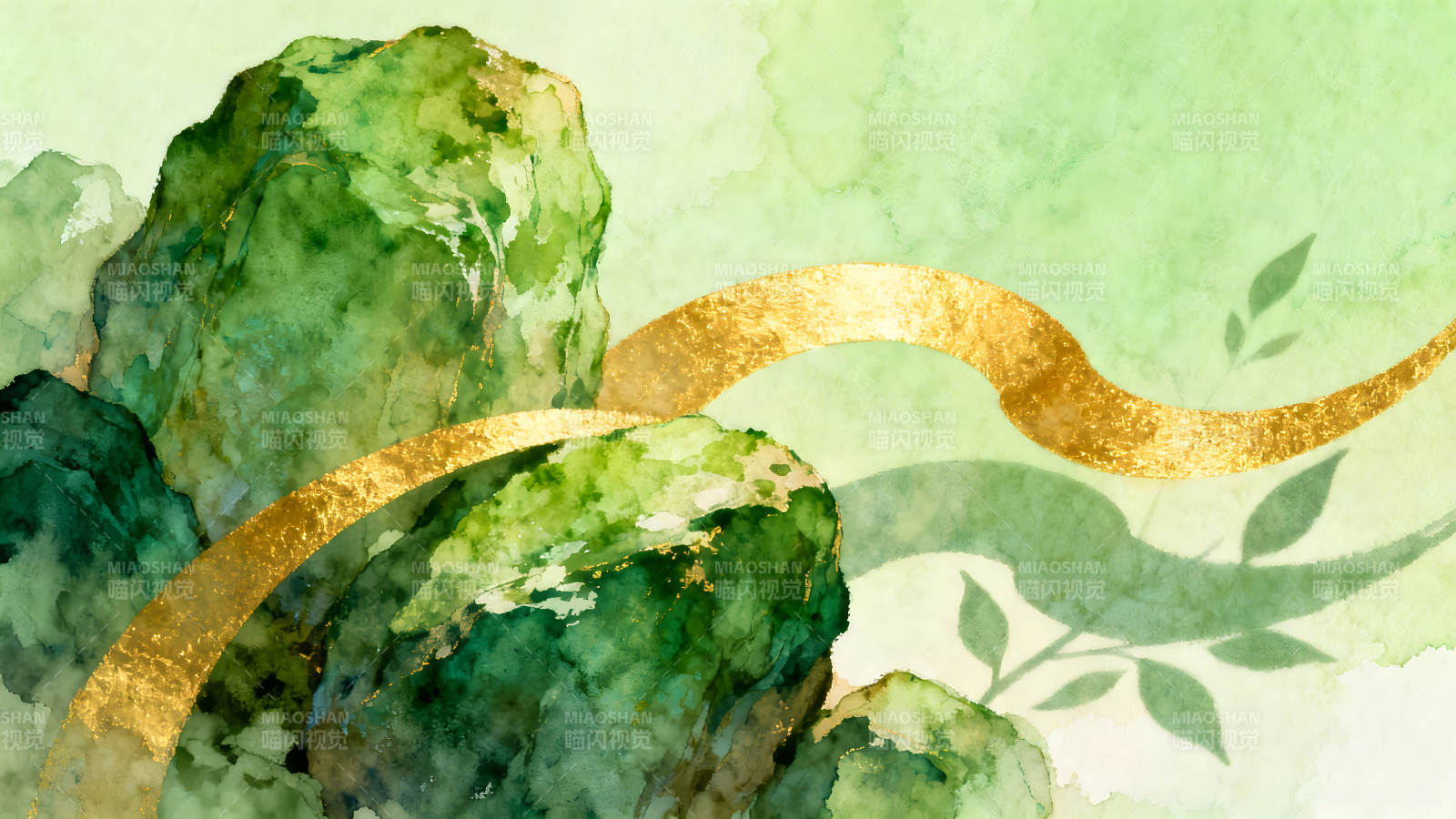 水彩山水画金色纹理点缀图片