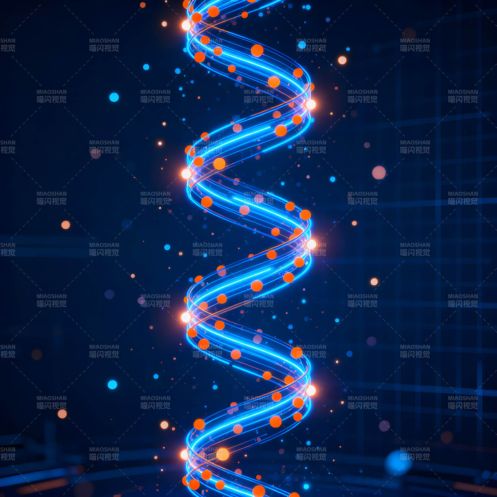 发光螺旋结构蓝色光晕与橙色圆点图片